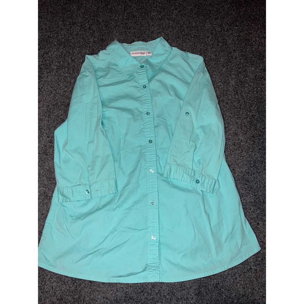 St Johns Bay Womens Large Turquoise Blue 3/4 Sleeve Button Down Cotton Shirt